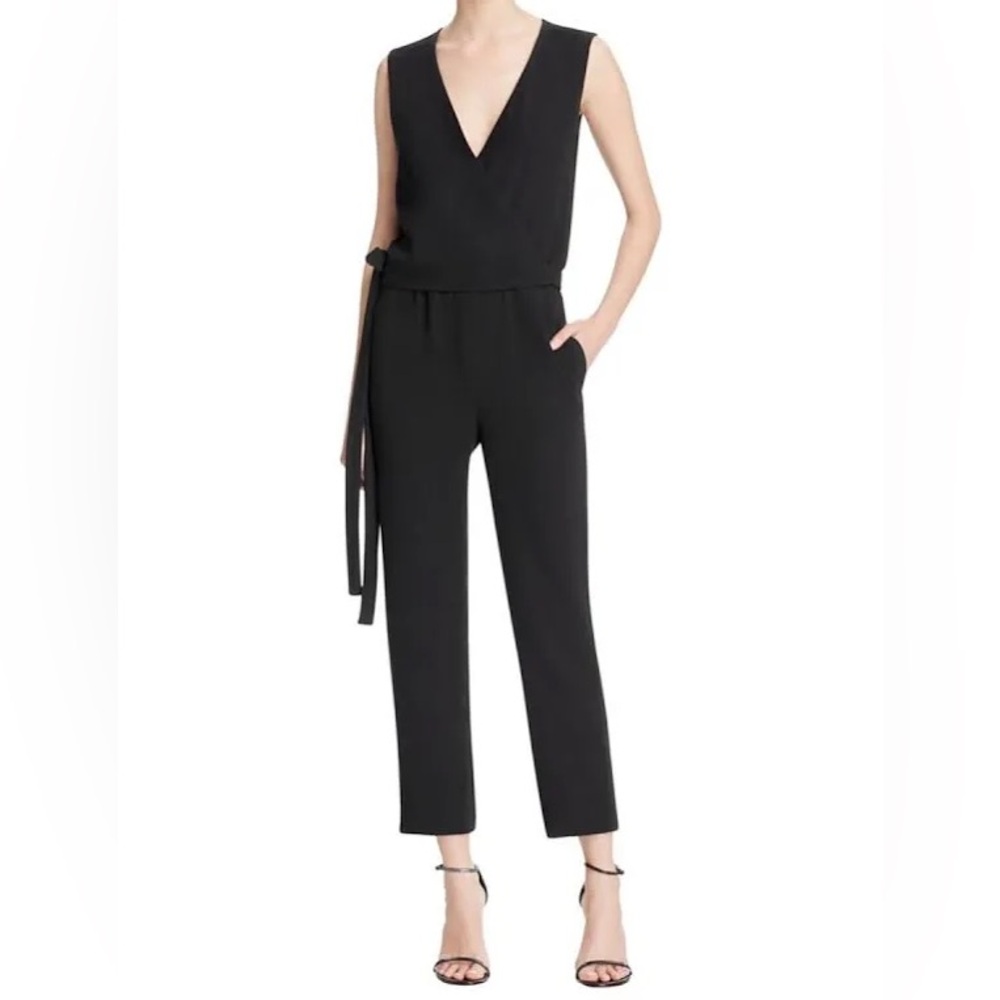 🌺 Theory Black Sleeveless V Neck Wrap Tie Pantsuit Size 2 - Picture 7 of 12